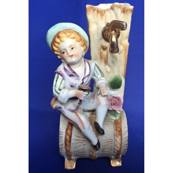 Porcelain Bud Vase Boy Figural Figurine Sitting on Water Barrel Bisque Vintage - Picture 1 of 11